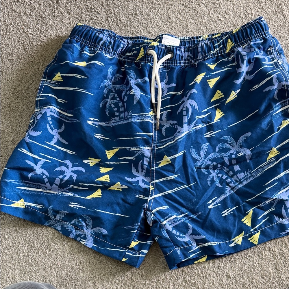 Men's Navy Palm-Print Swim Trunks with Yellow Accents